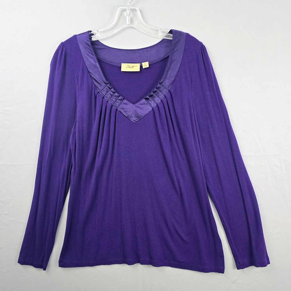 Motto Pleated Neckline with Satin Trim Long Top Purple M